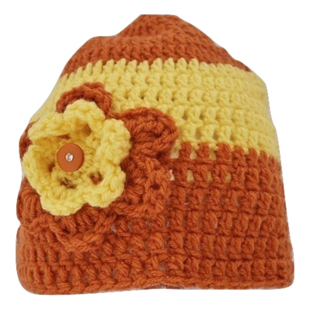 Women’s Hand-Crocheted Orange and Yellow Flower Beanie Winter Hat